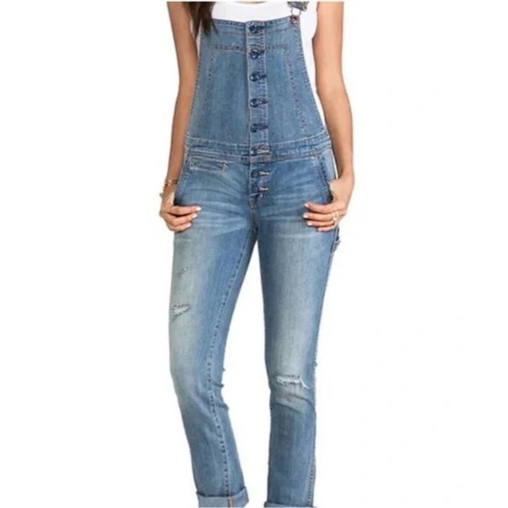 Free People Size 26 Overalls Denim Button-front Bib Women’s Blue Distressed